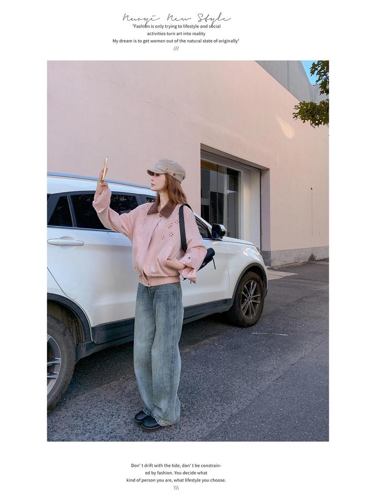 Korean-Style Pink Suede Short Jacket for Women - 2025 Autumn, Hollow Design, Age-Defying, Petite Fit, Fashion-Forward.