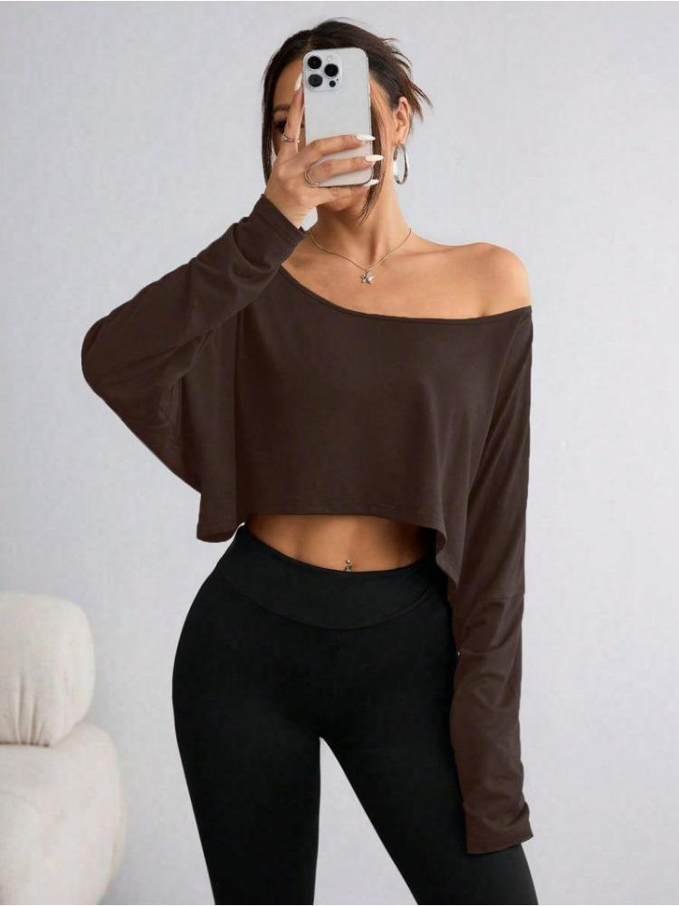 2026 Women'S Black Long Sleeve Blouse T-shirt Casual Asymmetrical Neck Strapless Top for Sporty