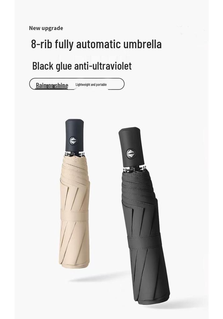 8-Rib Automatic Three-Fold Umbrella with Logo, Thickened Black Glue for Sun and Rain