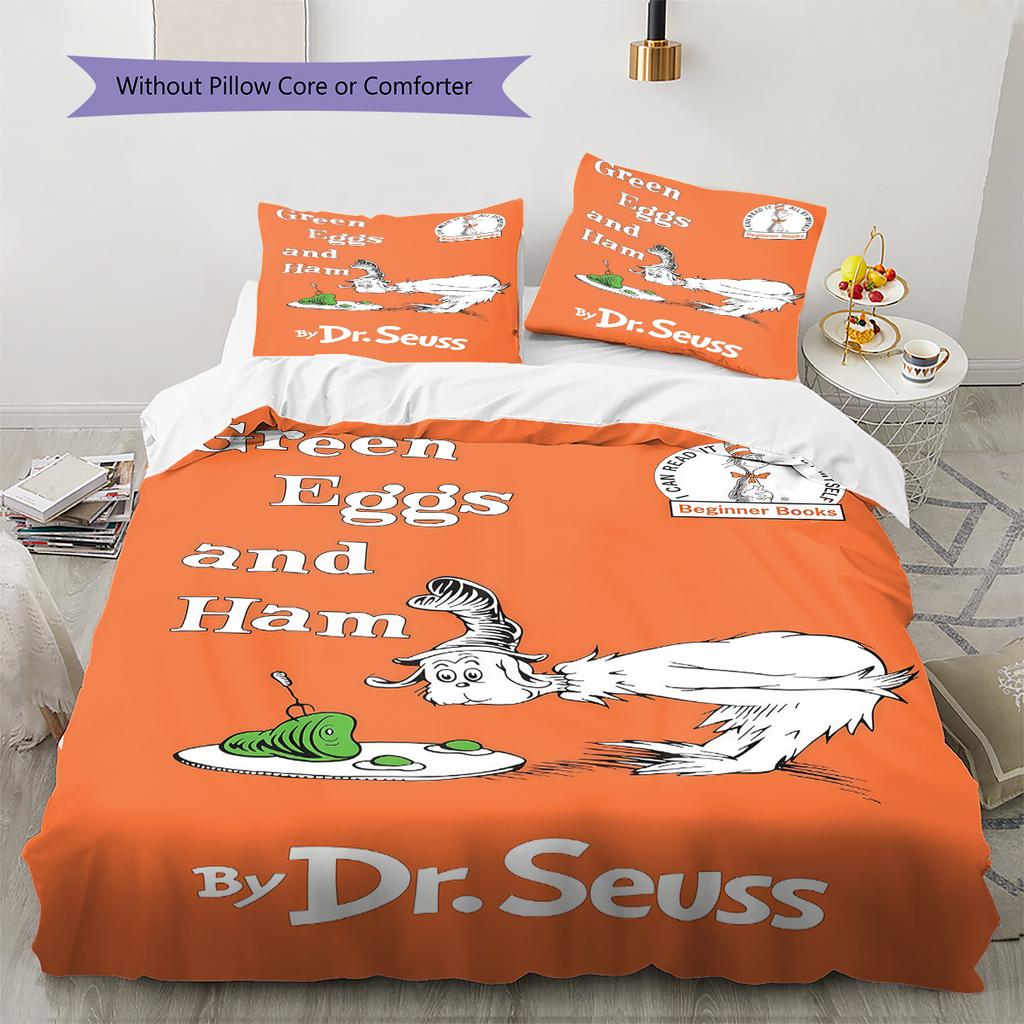 Green Eggs and Ham Pattern Bedding,Quilt Set Quilt Cover Pillowcase Home Birthday Gift (1 * duvet cover + 2 * pillowcase, without core)