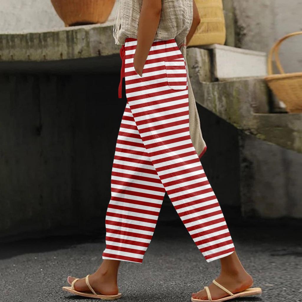 Damen Casual Hosen Modische Streifen Druck Casual Hosen Mit Taschen