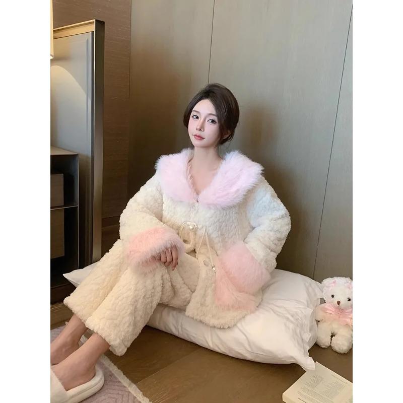 Fleece Lined Thickened Coral Velvet Pajamas for Women Autumn and Winter New High-end Home Wear