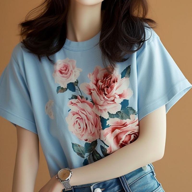 2025 Summer New Simple and Fresh Flower Printed Short-sleeved T-shirt Casual Fashion Versatile Top for Women