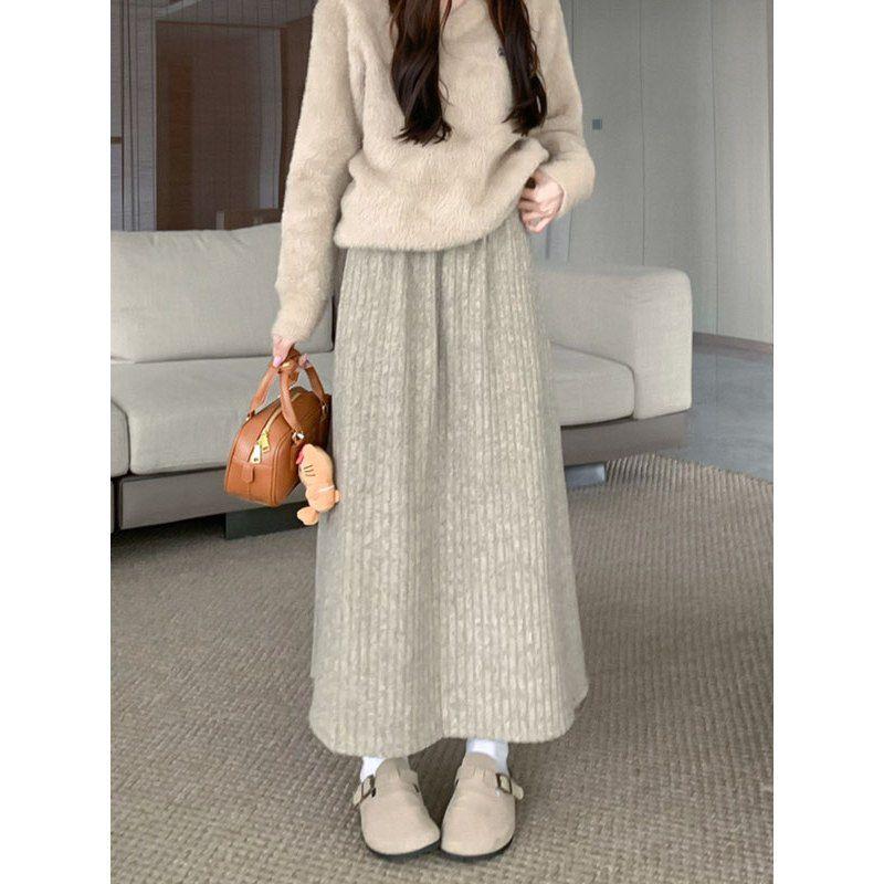 

Grey Plus-Velvet A-Line Midi Skirt, Elastic Waist, Petite Women s Fall/Winter & 2025 Spring Collection S