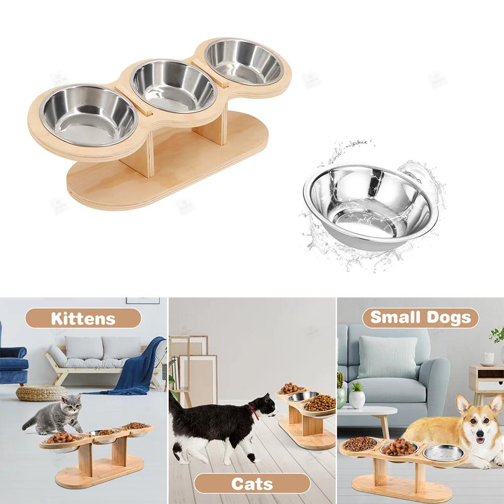 Pet Food Bowl with 3 Stainless Steel Bowls Wooden Pet Bowl Rack  Adjustable and Detachable Suitable for Cats and Dogs