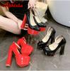 Fashion Aphixta 1cm Belt Buckle Red Party Disco Dance Pumps Women 5.5cm Platform 16cm Super High Chunky Heels Pumps Super Szie 48 49 50