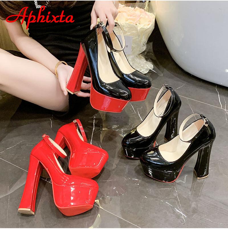 Fashion Aphixta 1cm Belt Buckle Red Party Disco Dance Pumps Women 5.5cm Platform 16cm Super High Chunky Heels Pumps Super Szie 48 49 50