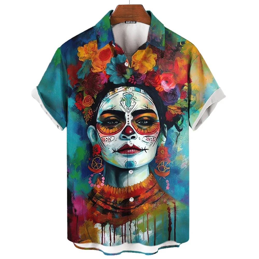 Men's Shirts Skull Face 3d Print Short Sleeve Day of The Dead Shirt Skull Retro Loose Oversized Man Clothing Festival Clothing