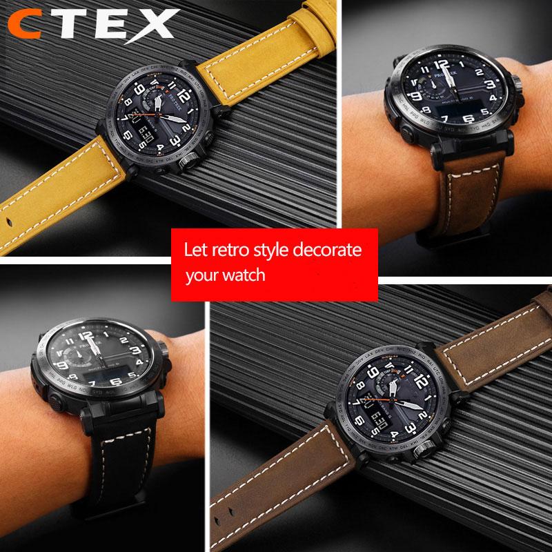 24mm Matný kožený řemínek na hodinky z hověziny, italský, pro sérii Casio PROTREK PRG-600/PRG-650/PRW-6600, náramek pro outdoorové sporty