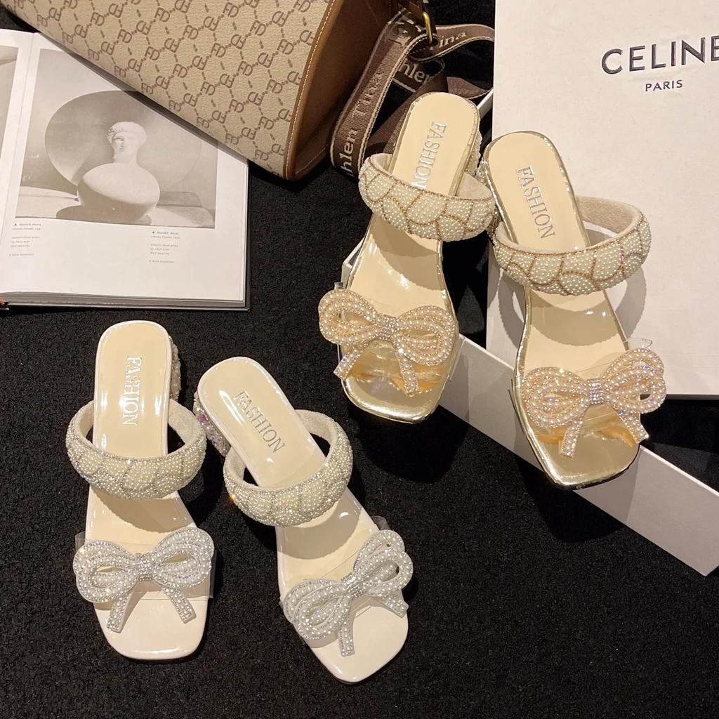 2024 New Fashion Summer Shoes Women Daily Party Club Pearls Beaded Rhinestone Bowknot Design Chunky Heel Sandals Sandalias Mujer