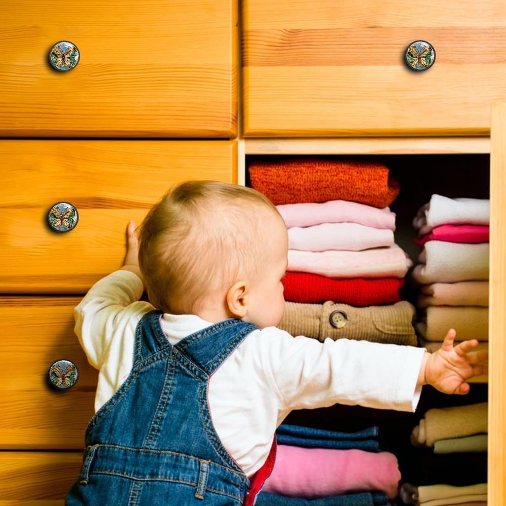 4 Pack Cabinet Knobs Stained Glass Butterfly Drawer Pulls Crystal Glass Round Knobs Handles for Dressers Drawer Bathroom Kitchen Cupboards Wardrobes