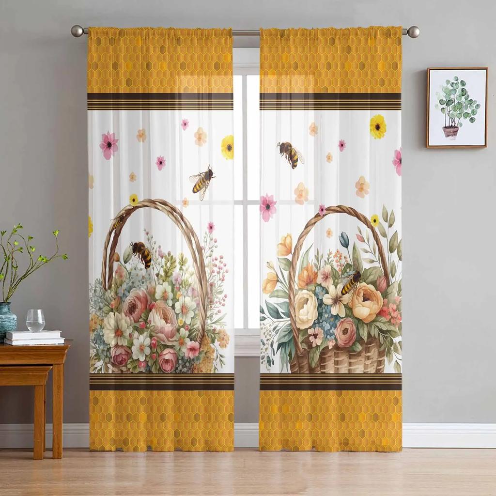 Bee Insect Golden Yellow Transparent Drapes for Bed Chamber Living Room Ornamentation Window Panel Curtain for Cooking Area Tulle Sheer Fabric