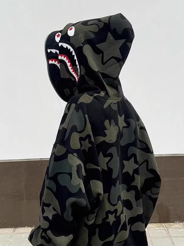 Jarní a podzimní retro maskáčový kardigan na zip s dvojitou kapucí - Unisex Streetwear