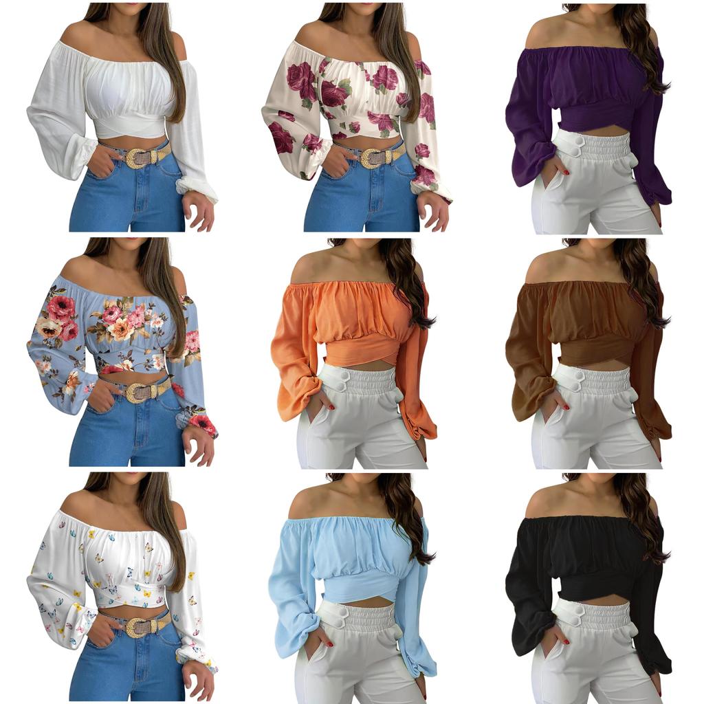 Spring Summer Womens Off Shoulder Cross Tie Long Sleeve Blouse For Casual Office Wear