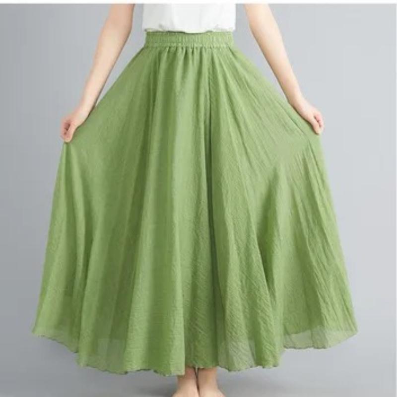 Color Mori Girl Literary Cotton Linen Dress Elastic Waist A-line Expansion Skirt Solid Color Ethnic Style Women Long Skirts