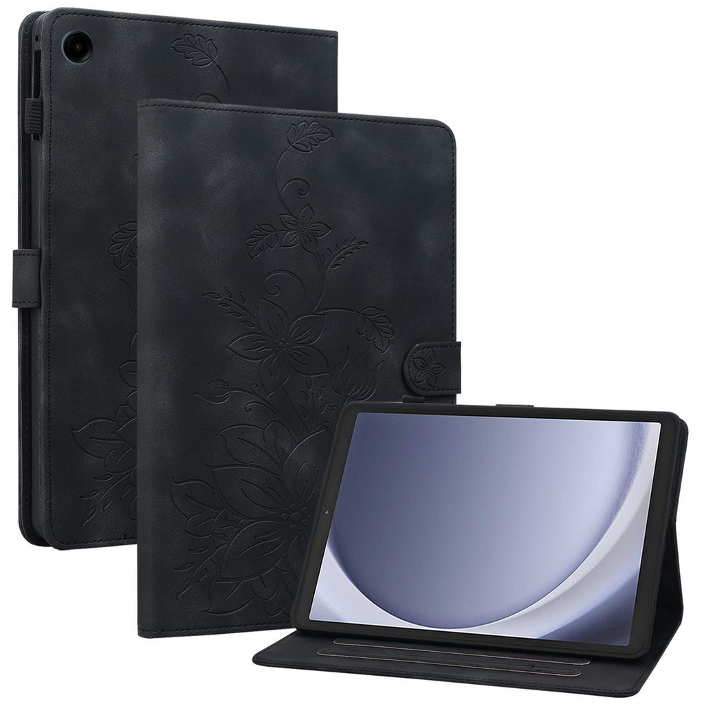 For Samsung Galaxy Tab A9 Protective Case Lily Flower Imprint PU Leather Tablet Case with Card Slots