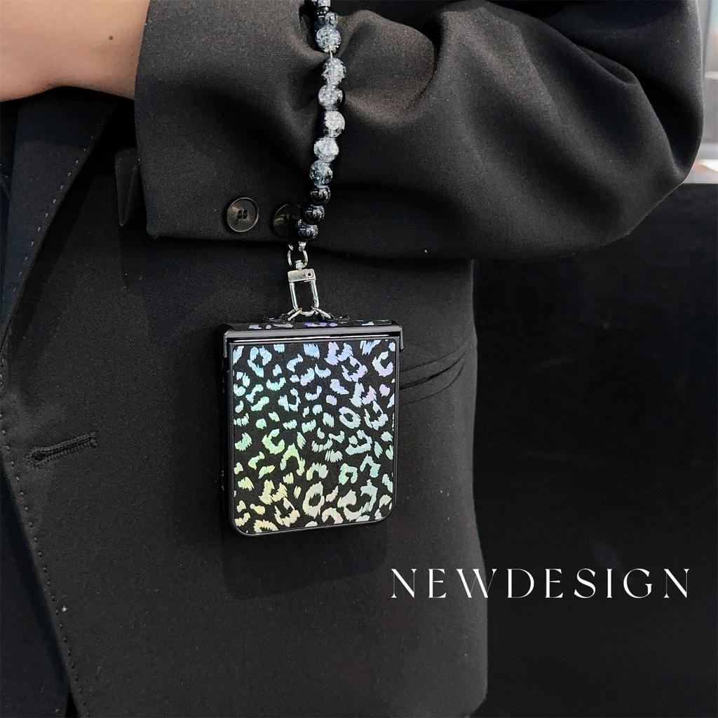 For Samsung Galaxy Z Flip7 FE 5G/Z Flip6 5G Case Leopard Print Leather+PC Phone Cover with Beaded Strap