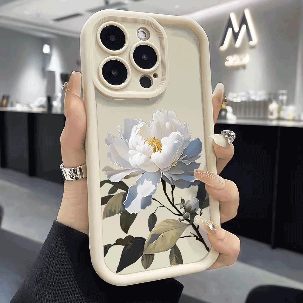 White Peony with Blue Accents Soft TPU Phone Case for iPhone 16 15 14 13 12 11 Pro Max Plus Shockproof Anti-Slip Cover