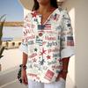 Women's Fashion Casual Button V-Neck Cotton And Linen Independence Day Printed Seven Sleeve T-Shirt Top