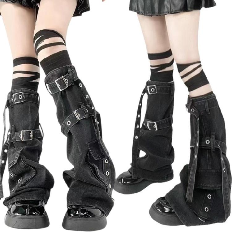 Punk Leg Warmer with Buckled Pockets Harajuku Denims Knee Highs Flared Stockings