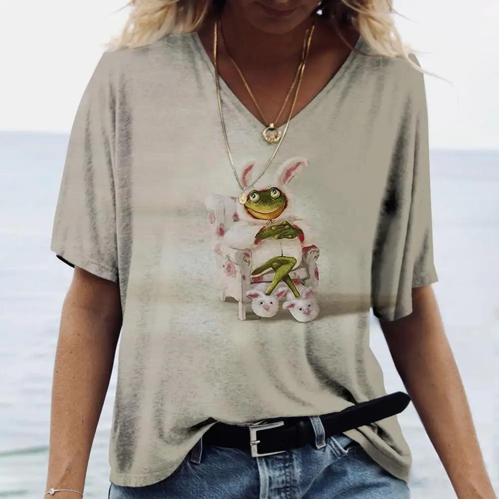 Ladies' V-neck T-shirt 3D Printed Animated Bunny Trendy Printed Short Sleeved T-shirt