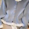 Spring & Autumn Patchwork Ruffle Slimming Cardigan with Colorful Buttons - Women's Long Sleeve Base Top