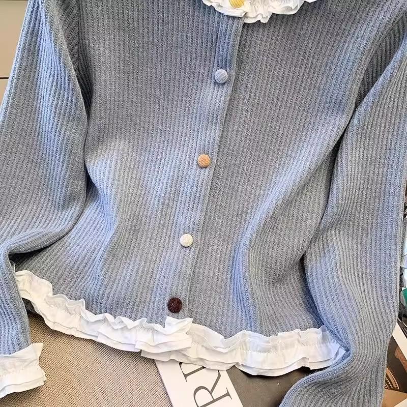 Spring & Autumn Patchwork Ruffle Slimming Cardigan with Colorful Buttons - Women's Long Sleeve Base Top