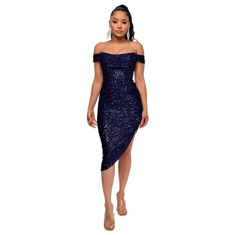 Women's Summer One-line Shoulder French Waist Dress Sequin Bag Hip Mid-length Dress