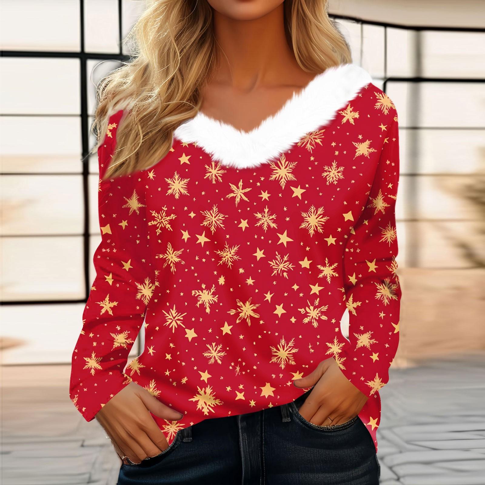 

Женская футболка, рождественская рубашка с длинным рукавом, вечерние, рождественский флисовый воротник, топ с v-образным вырезом XL