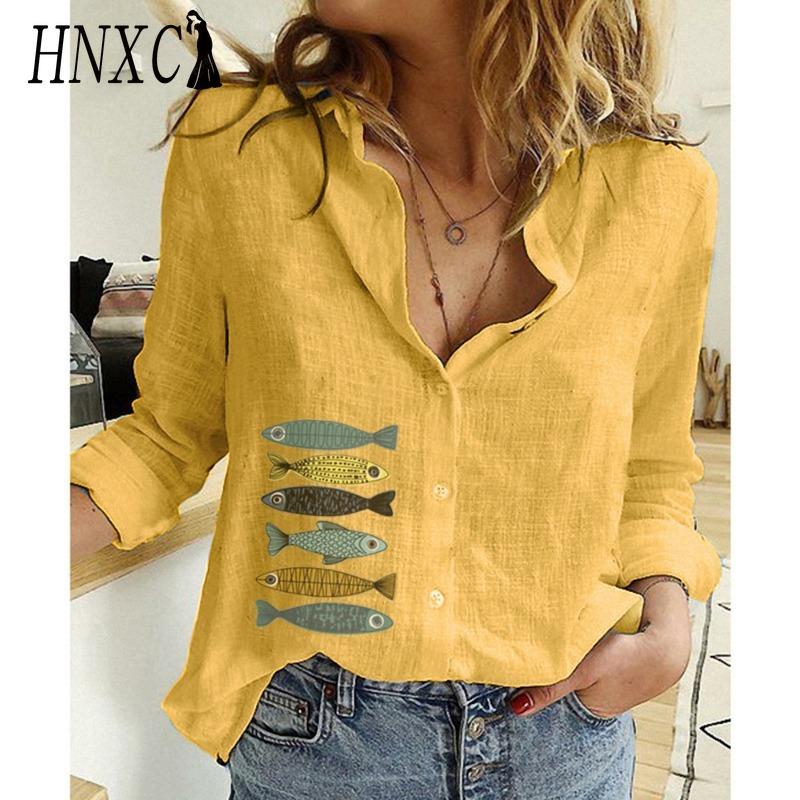 HNXC Women's Fashion Casual Small Fish Print Long Sleeve POLO Neck Blouses & Shirts