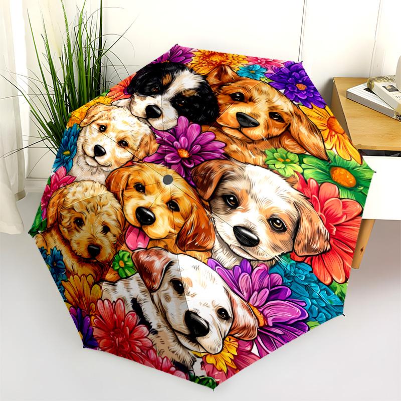 0106 Dog In Flower Bush  Pattern, Automatic Folding Umbrella, Portable and Foldable Design, 8 Ribs, a Christmas or Birthday Gift.