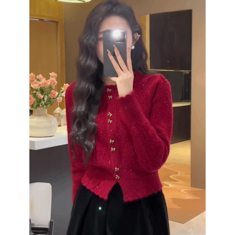 Women's Xiaoxiang-Style Red Knitted Cardigan Jacket - 2024 Spring Collection