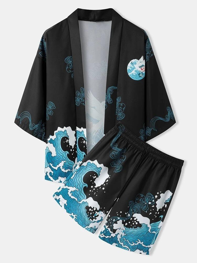 2026 New national style Hawaiian vacation ukiyo-e painted seven-quarter-sleeved Taoist robe 3D printed carp kimono cape
