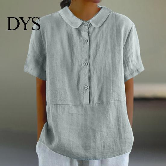 Women Shirt Casual Doll Collar Buttons Half Placket Short Blouse Sleeve Single Breasted Solid Color Loose Fit