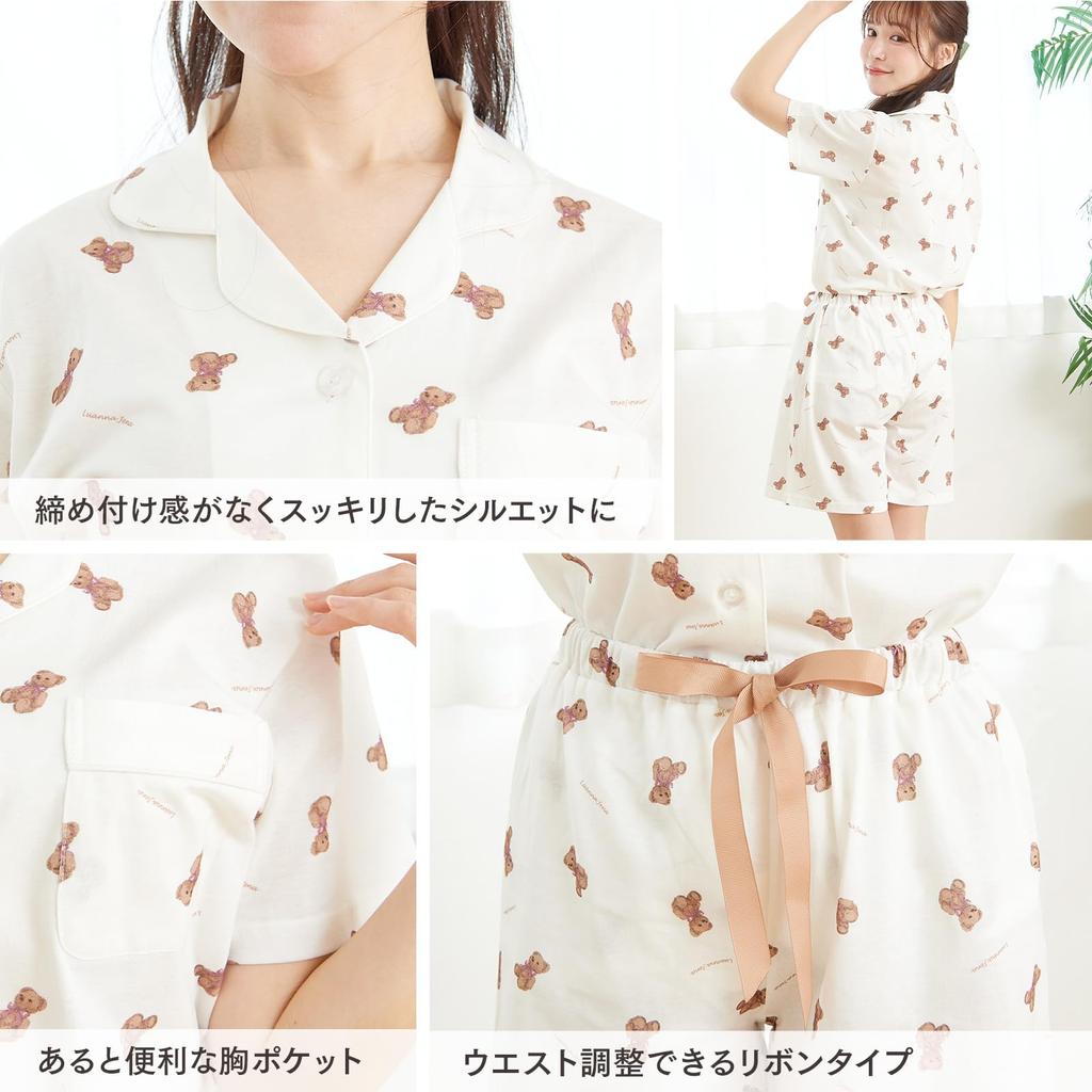 Luanna Jena Cotton Bear Pajama Short Sleeve Shirt and QWHI04 Women's 100% Set, Shorts, Spring/Summer Loungewear, (M, Bear/Off-White)