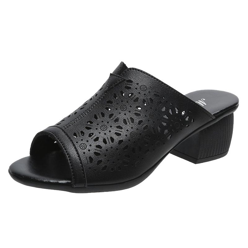Retro Thick Middle-heeled Fish Mouth Sandals Female 2025 Summer Fashion Hollow Sandals Outer Wear Slippers Open Toe Mules