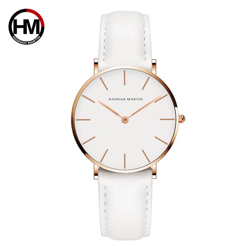 High Quality Leather Minimalist Lady Watches Water-Resistant Quartz Movement 40mm Crystal Dial 18mm Alloy Band Wrist Women Watch HM-CB36