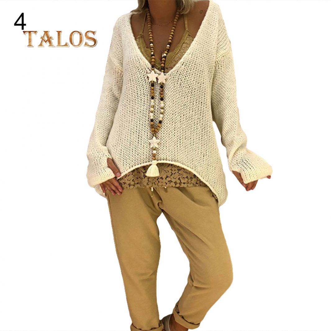 Fleur | Solid color loose long sleeve knitted sweater with V-neck and pocket main image 0