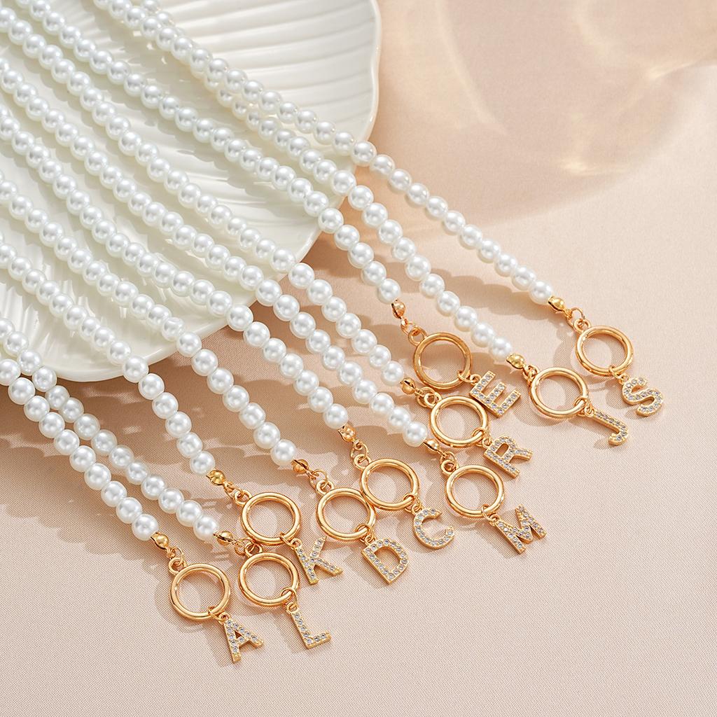 Fashion Gold Color Initial Necklace Simple Zircon Letters Pendant Pearl Beads Chain Choker Necklace For Women Boho Jewelry Gifts