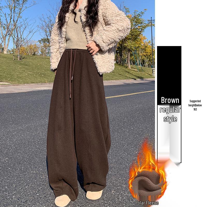 Women's Fleece-Lined Off-White Glutinous Rice Wide-Leg Pants, High-Waisted, Loose-Fit, Slimming, Petite, Autumn/Winter.