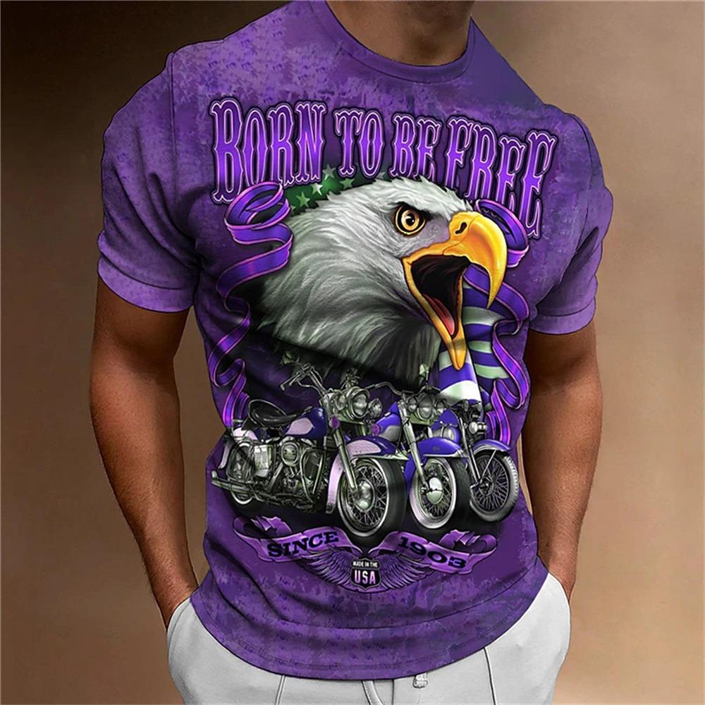 Men's Animal Pattern T-Shirt, Eagle, Motorcycle, 3D Print, Vintage Trendy Loose Large Size Casual Street Short Sleeve Top