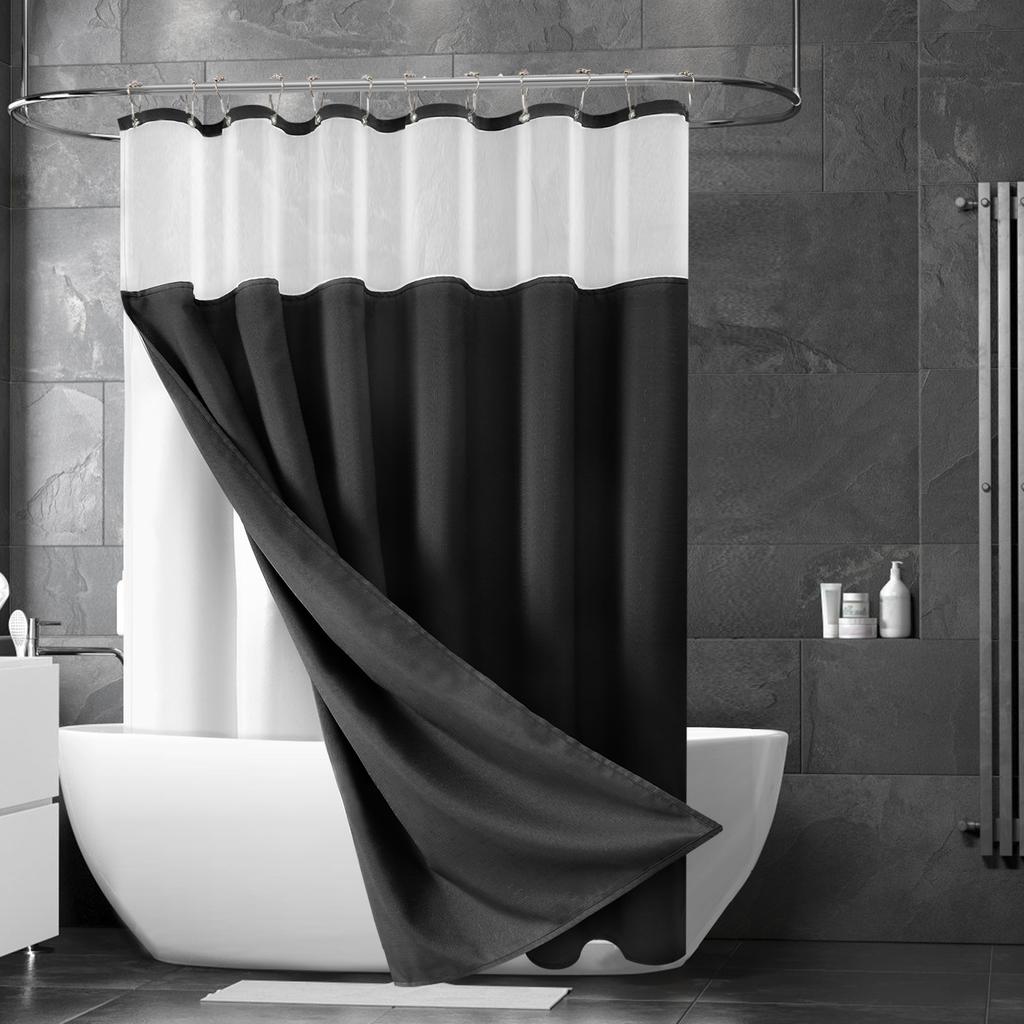 Double Layer Shower Curtain Waterproof Linen Bath Curtain Liner for Bathroom Bathtub Bathing Cover with Silver Metal Hooks
