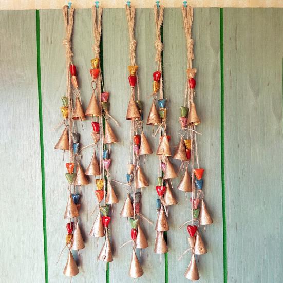 Colored Ceramic Bead Wind Chime Bohemian Farmhouse Rustic Hanging Metal Cow Bell Cluster with Jute Rope Outdoor Garden Patio Wind Bell Decoration