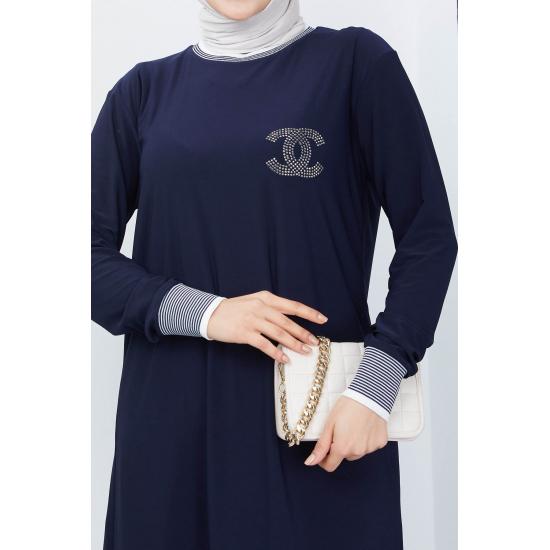 Islamska szafa damska prążkowana tunika spodnie garnitur hidżab