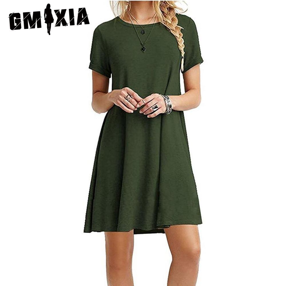 GMXIA Damenmode Sommer Frühling Einfarbiger Druck Kurzarm O-Ausschnitt Freizeitkleider