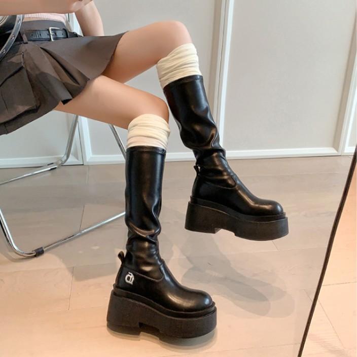 Spot Second Hair! Small Elastic Thin Boots Spice Girl High Boots Thick-soled Short Boots Women's Thin and High Autumn and Winter Boots