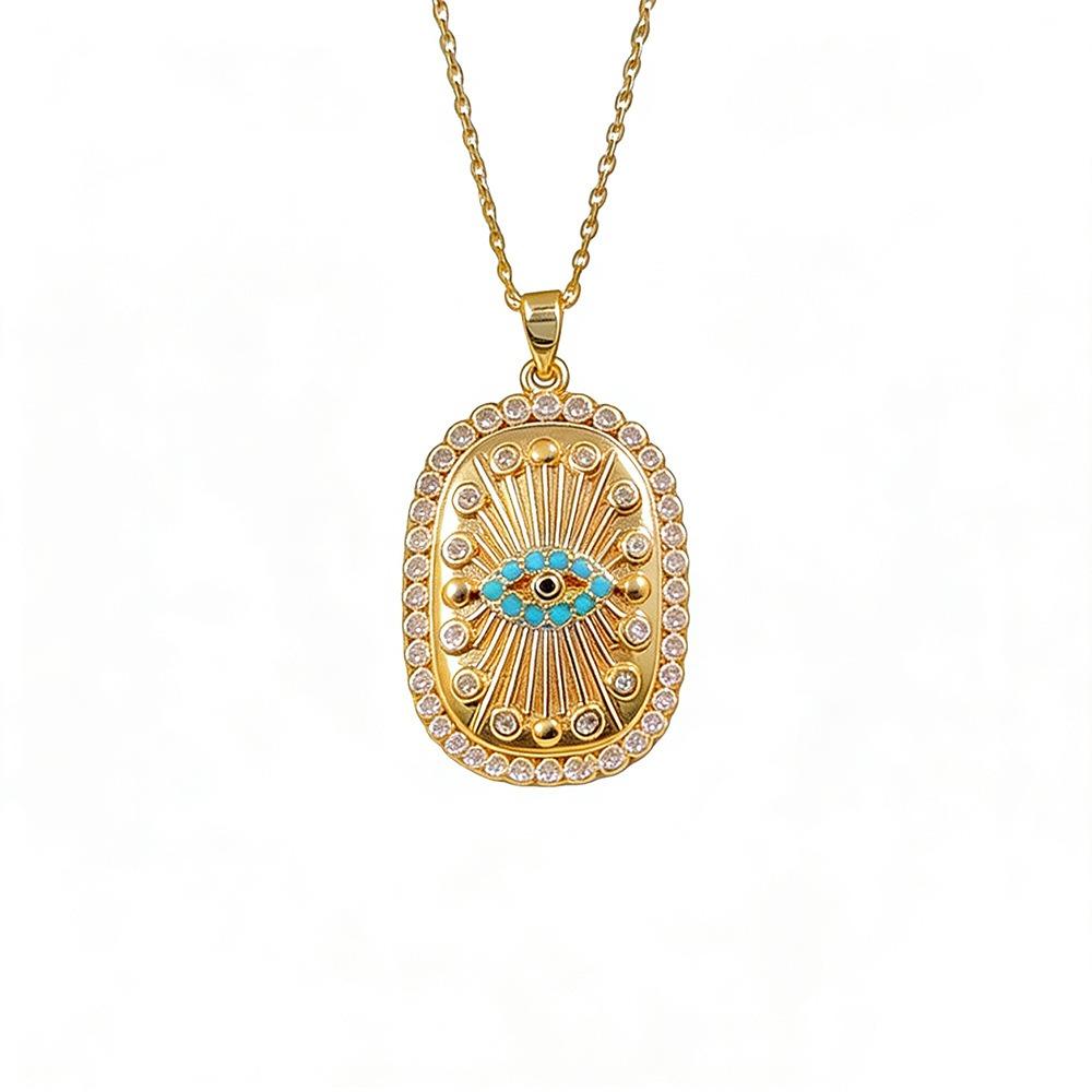 Vintage Evil Eye Pendant Necklace - Gold Plated Sunburst Geometric Zircon Amulet Collarbone Chain for Women