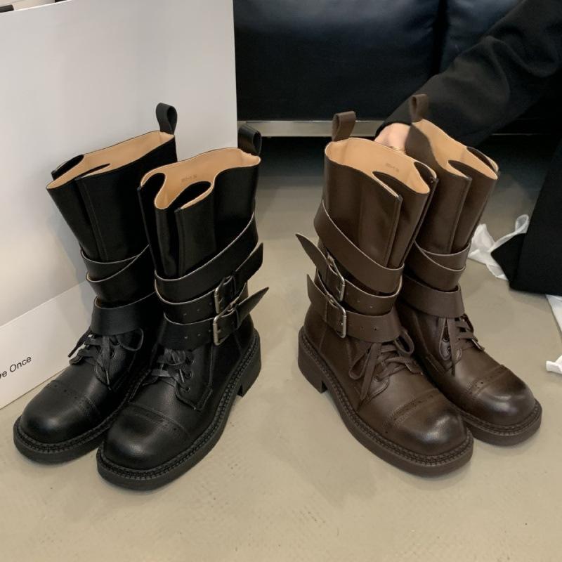 2025 autumn and winter new dark wind belt buckle locomotive boxing boots women's thick-soled retro wind tube knight boots women