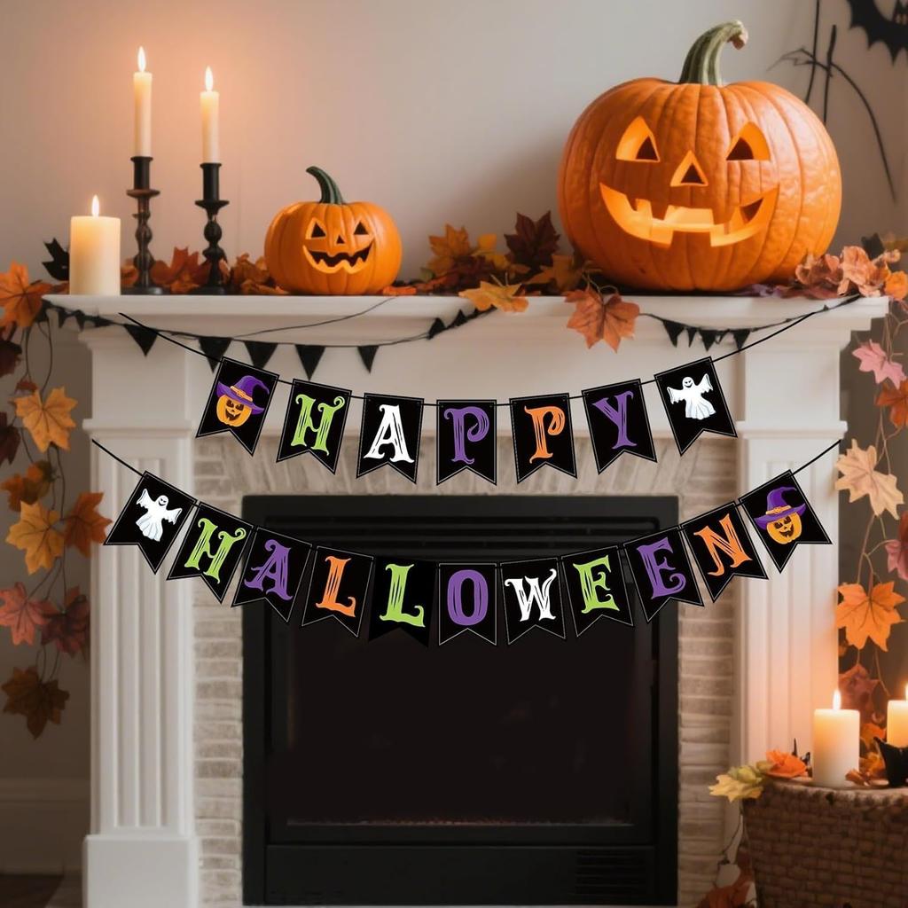 Halloween Decorations Indoor for Party, Happy Halloween Banner Decor, Scary Hanging Banner with Pumpkin Ghost Decorations for Office Home Room Mantel