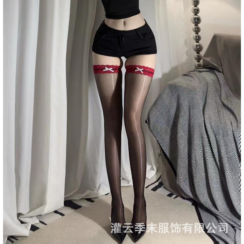 Aurora ultra-thin lace bow contrasting color half-cut knee socks glossy stockings sex stockings women